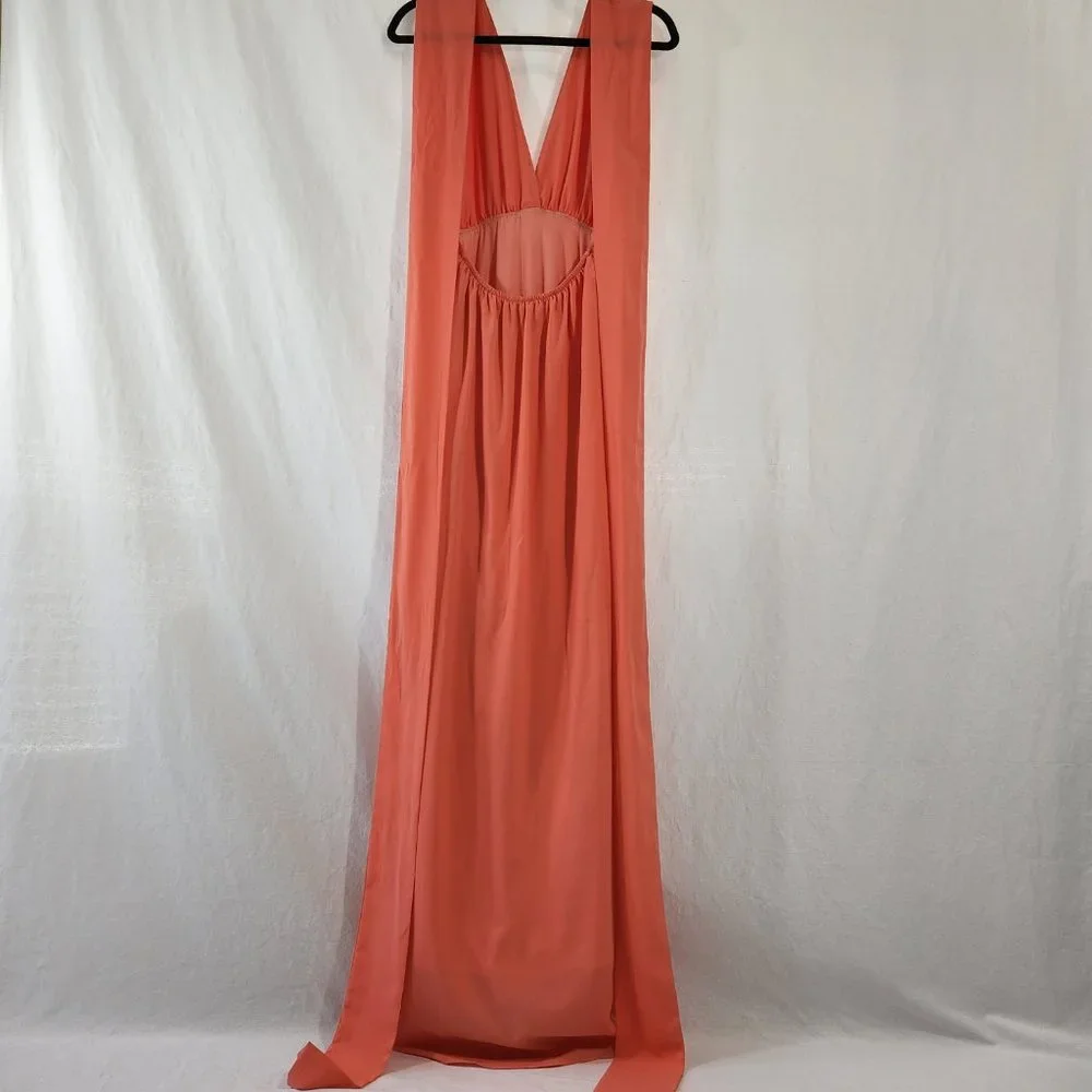 V-Neckline Long Prom Dress  by Studio F Size 8 Coral Color 85% Poly. Worn Once! - Picture 3 of 16